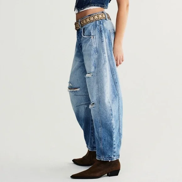Free People Good Luck Mid-Rise Barrel Jeans in Barnyard Blue - Picture 5 of 13